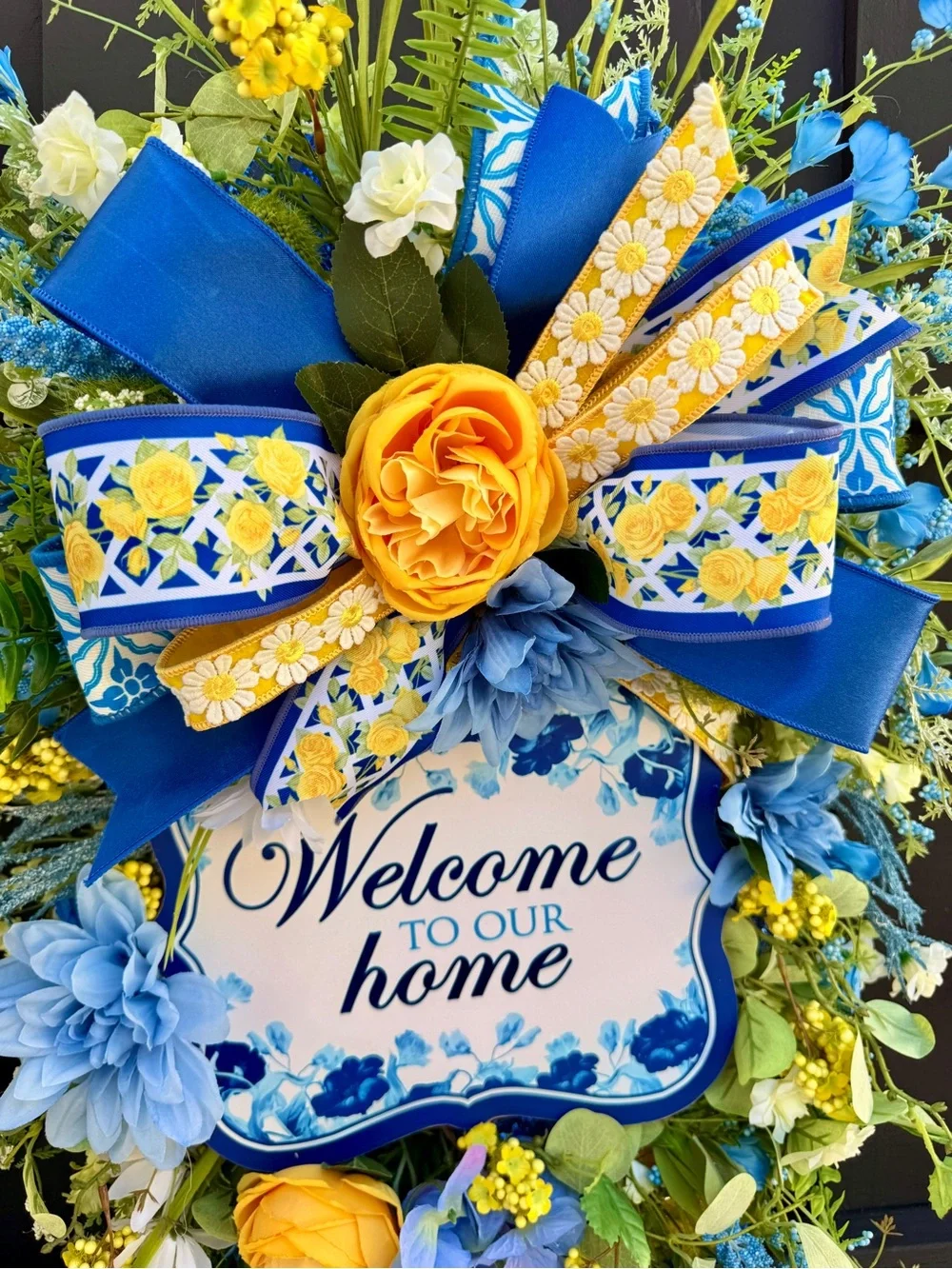 Hand Crafted Blue and Yellow Welcome Home Door Wreath